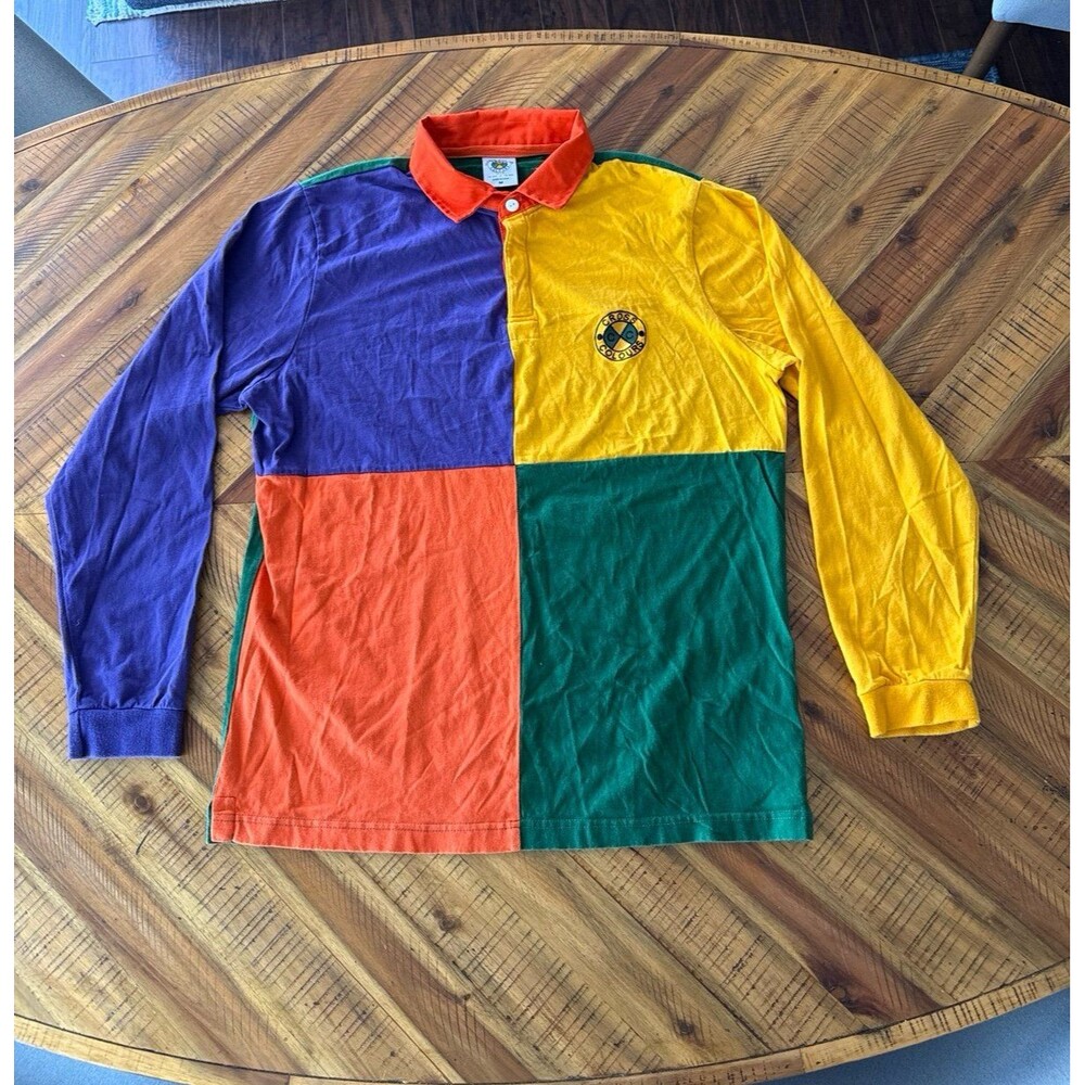 Vintage Cross Colours Men’s M Long Sleeve Patchwork Polo Rugby 90s Colorblock